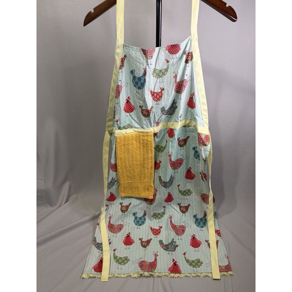 Vintage HANDMADE BIB APRON Birds IN THE BARN YARD With Towel Sewn Into Apron